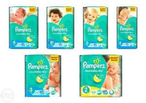    "Pampers Active Baby GIANT PACK" 2 (3-6 ) - 100. 3 (4-9 ) - 90. 4 (7-14 ) - 76. 4+ (9-16 ) -  1